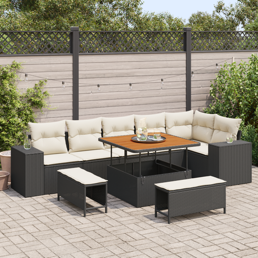 Set di Divani da Giardino  9 Pezzi con Cuscini Polyrattan Nero Acacia