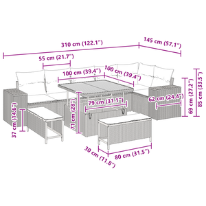 Set Divano Giardino con Cuscini 9 Pezzi Beige in Polirattana
