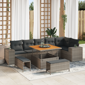 Set divano da giardino a 9 pezzi con cuscini grigio in polirattan