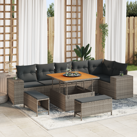 Set divano da giardino a 9 pezzi con cuscini grigio in polirattan