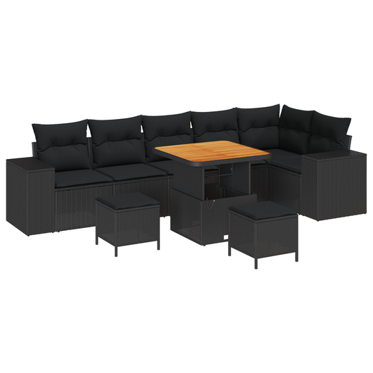 Set divano da giardino con cuscini  da 9 pezzi in polyrattan nero e acacia