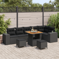 Set divano da giardino con cuscini  da 9 pezzi in polyrattan nero e acacia