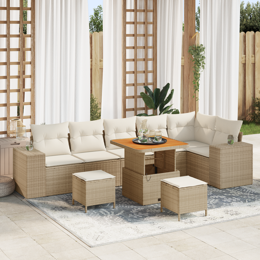 Set Divano da Giardino  9 Pezzi con Cuscini Polyrattan Beige