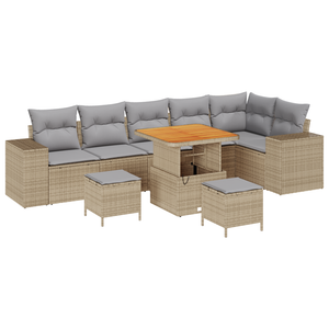Set Divano da Giardino  9 Pezzi con Cuscini Beige Polyrattan Acacia