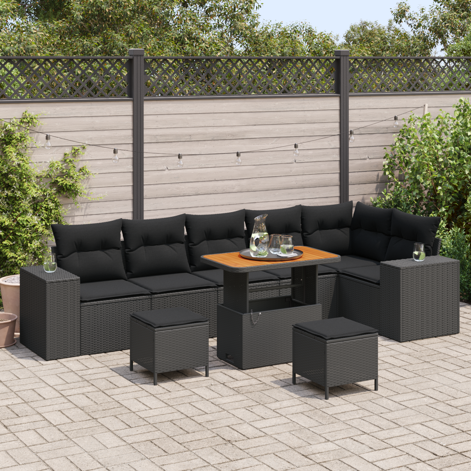 Set Divano Giardino a 9 Pezzi con Cuscini Nero Rattan Poliestere