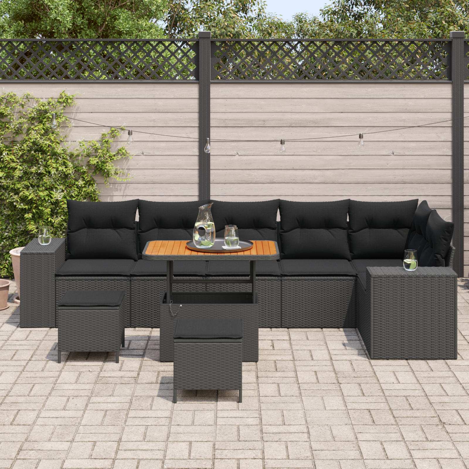 Set Divano Giardino a 9 Pezzi con Cuscini Nero Rattan Poliestere