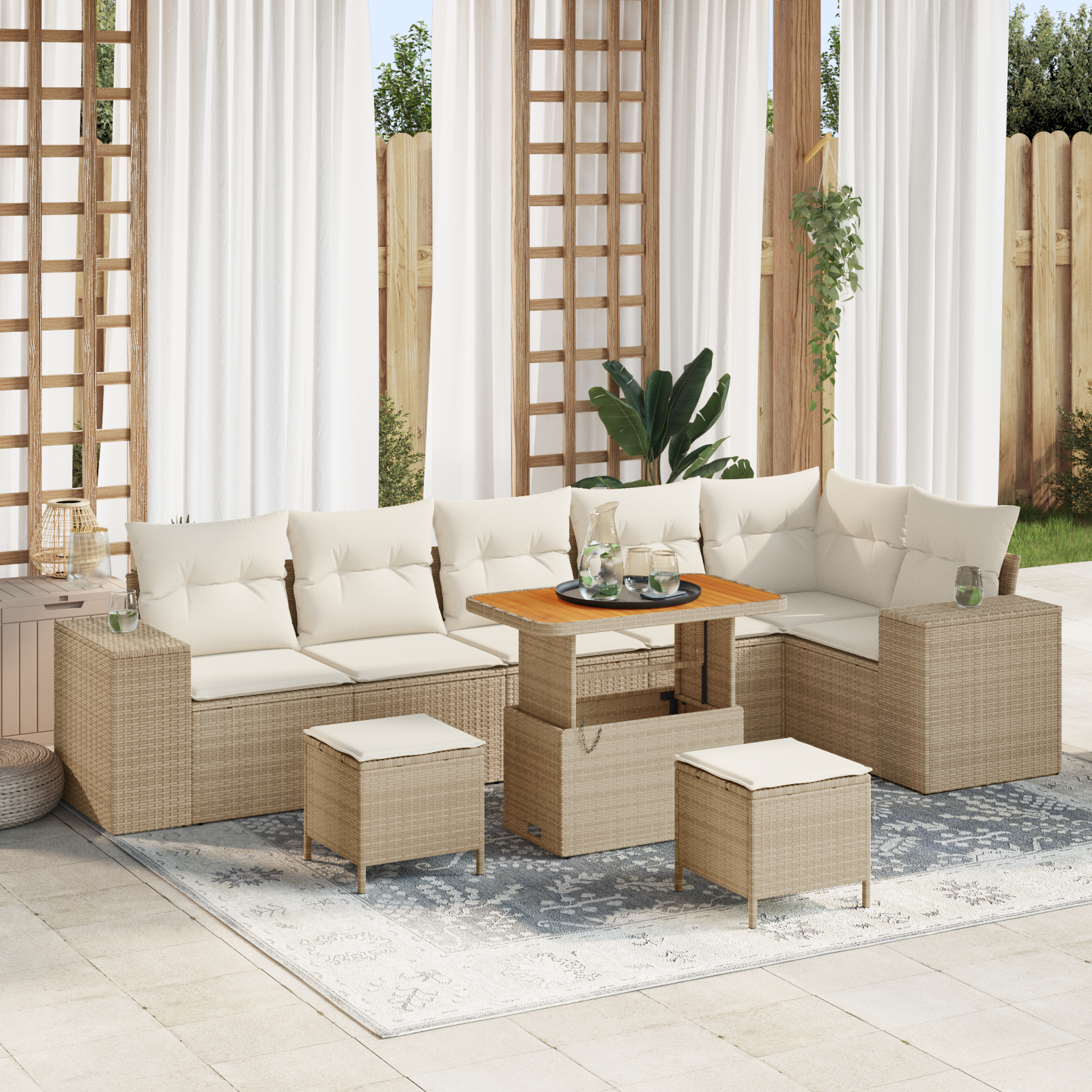 Set di Divani da Giardino  da 9 Pezzi con Cuscini Beige in Rattan Polimerico