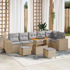 Set di divani da giardino  da 9 pezzi con cuscini in rattan sintetico beige e acacia