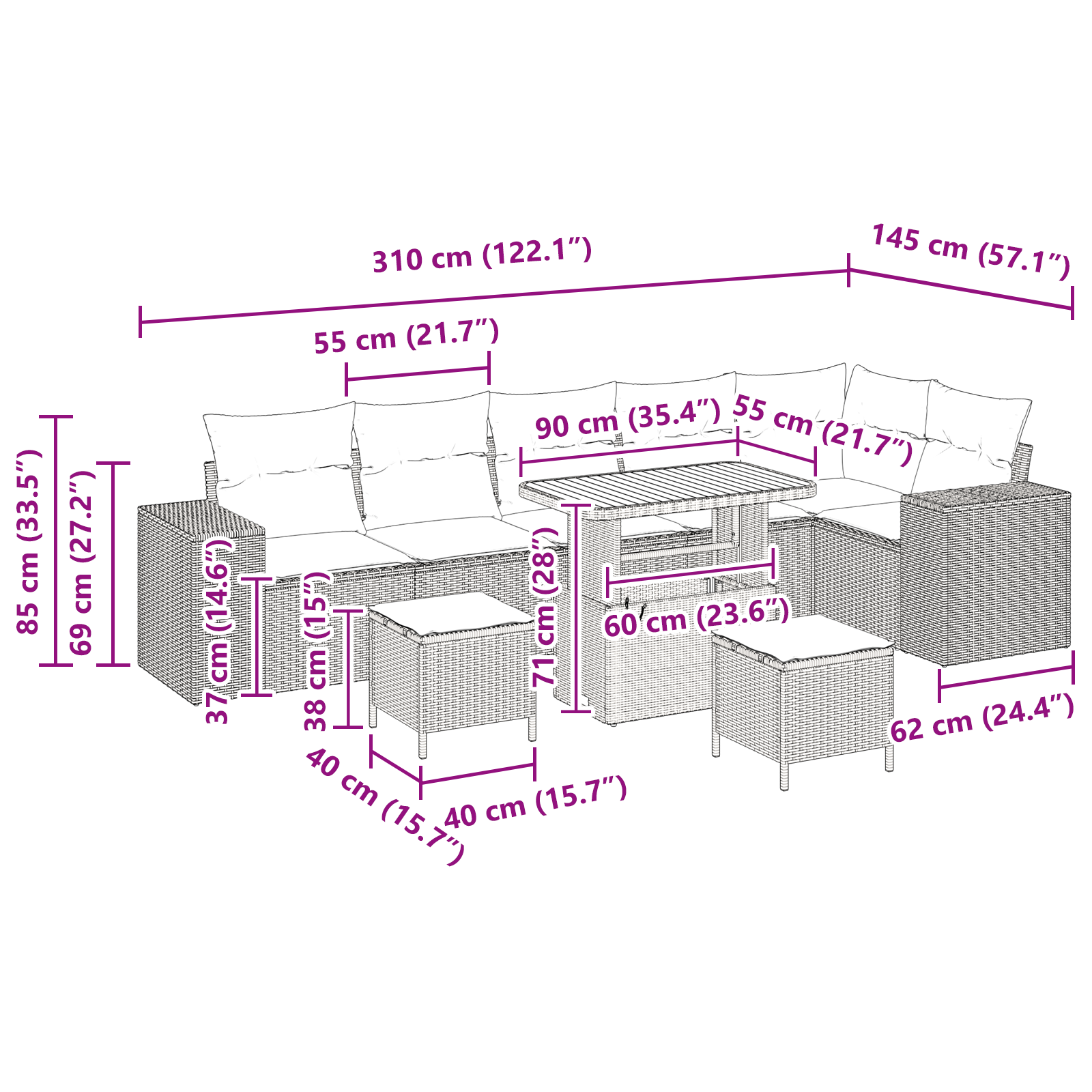 Set di Divani da Giardino  a 9 Pezzi con Cuscini Grigi in Polyrattan e Acacia