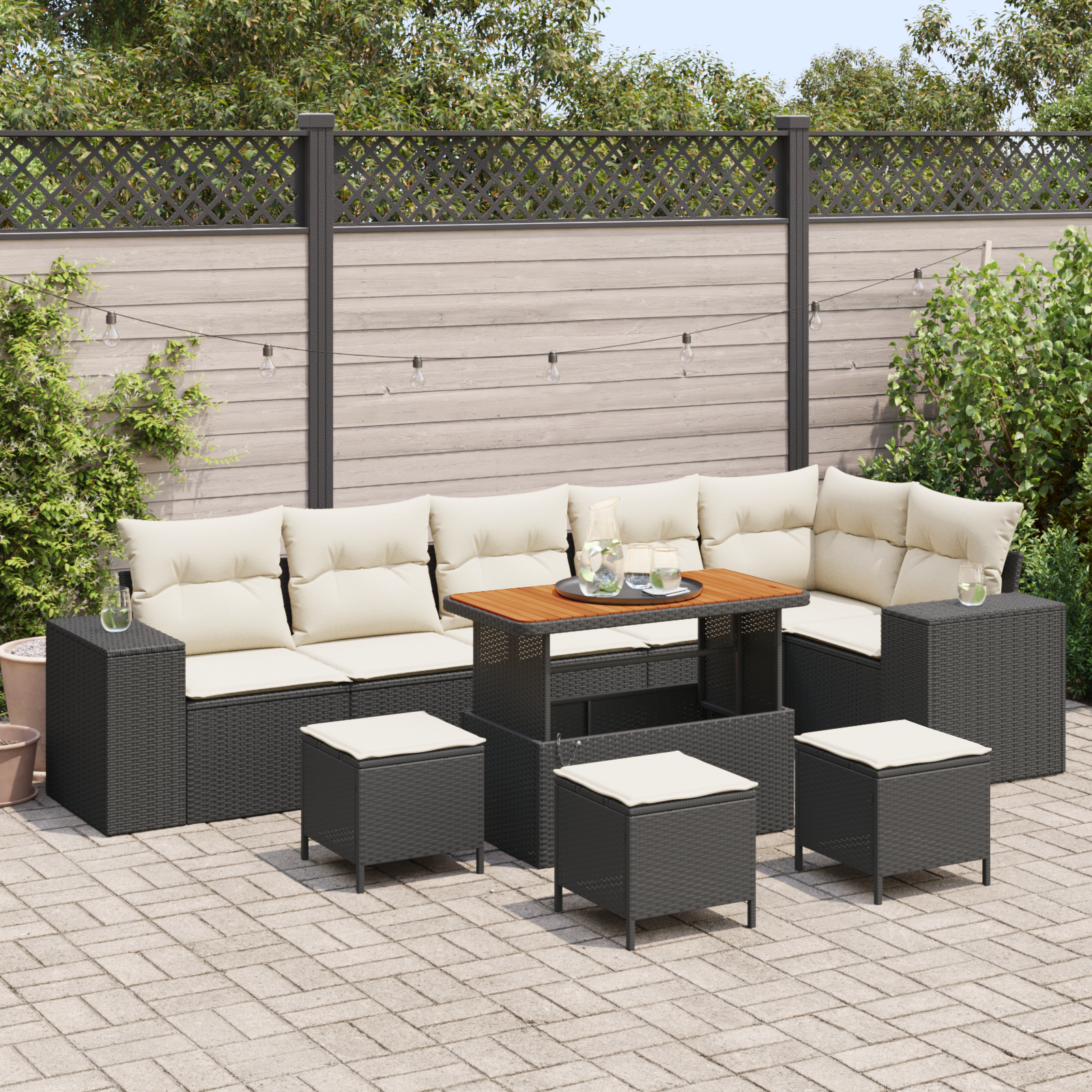 Set di divani da giardino  10 pezzi con cuscini in polyrattan nero e acacia