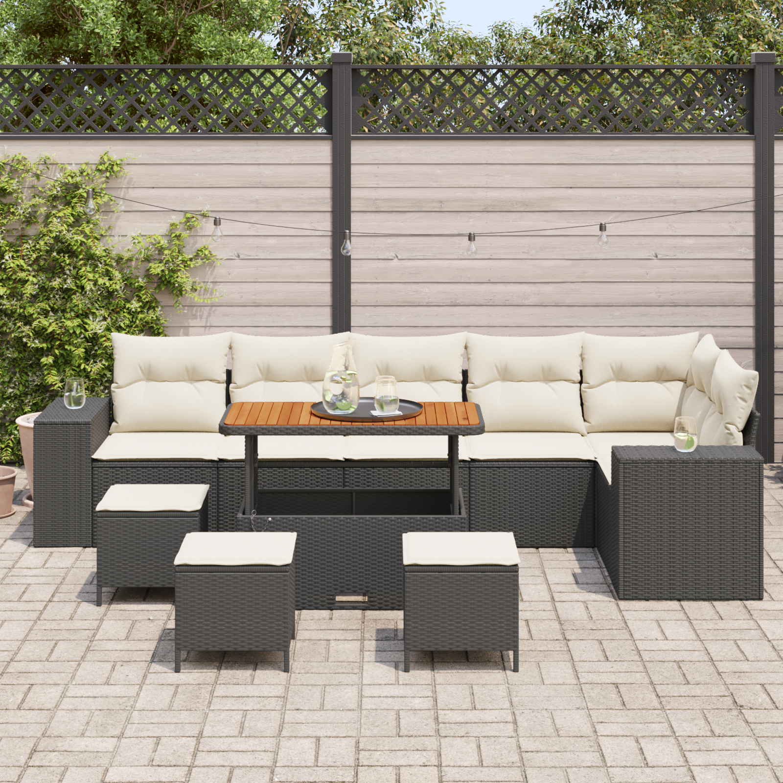 Set di divani da giardino  10 pezzi con cuscini in polyrattan nero e acacia