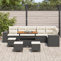 Set di divani da giardino  10 pezzi con cuscini in polyrattan nero e acacia