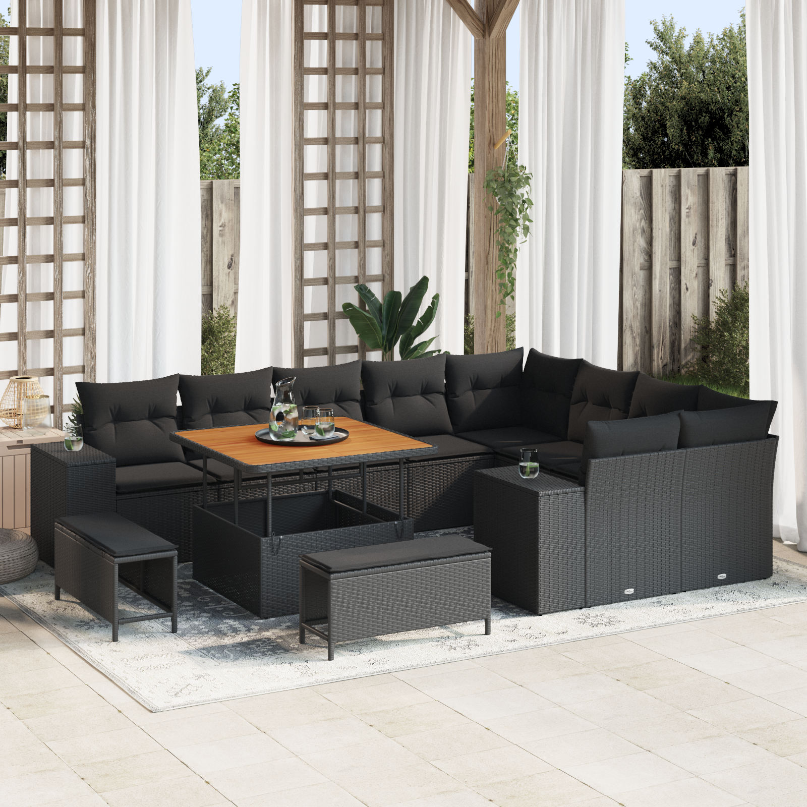 Set divano da giardino  da 12 pezzi con cuscini neri in polyrattan e acacia