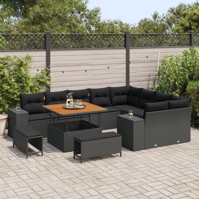 Set divano da giardino  da 12 pezzi con cuscini neri in polyrattan e acacia
