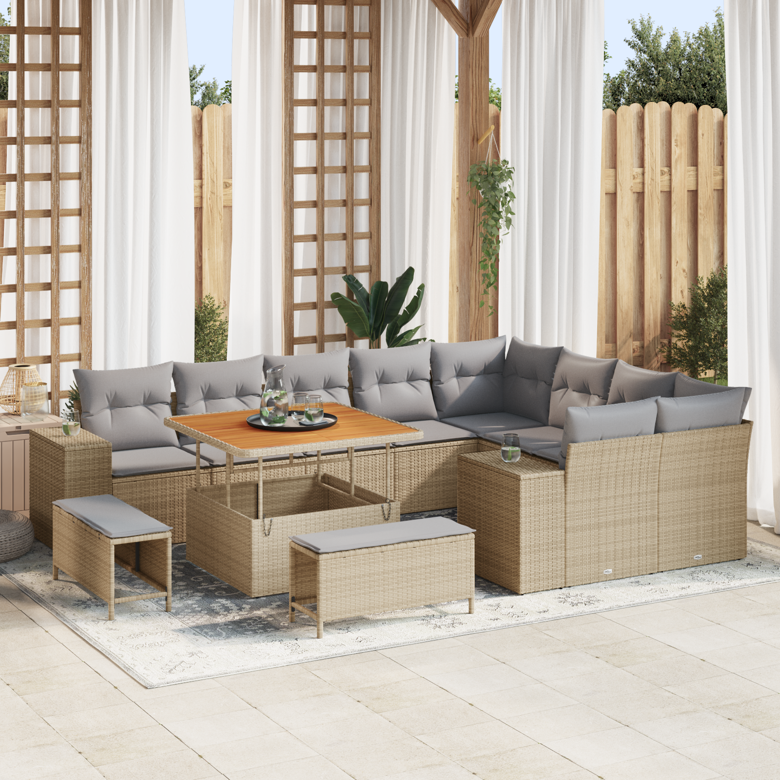 Set di 12 pezzi di divano da giardino con cuscini Beige Rattan Acacia