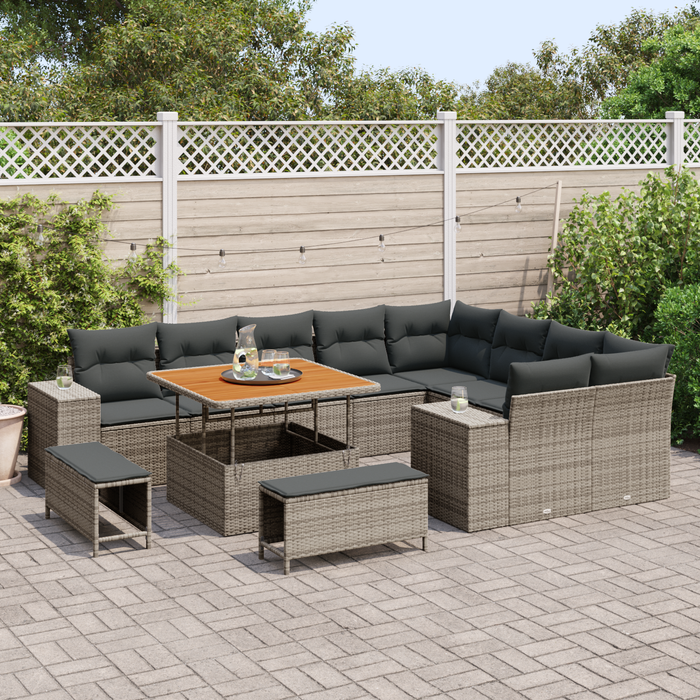 Set Divano da Giardino da 12 Pezzi con Cuscini Grigi in Polyrattan e Acacia