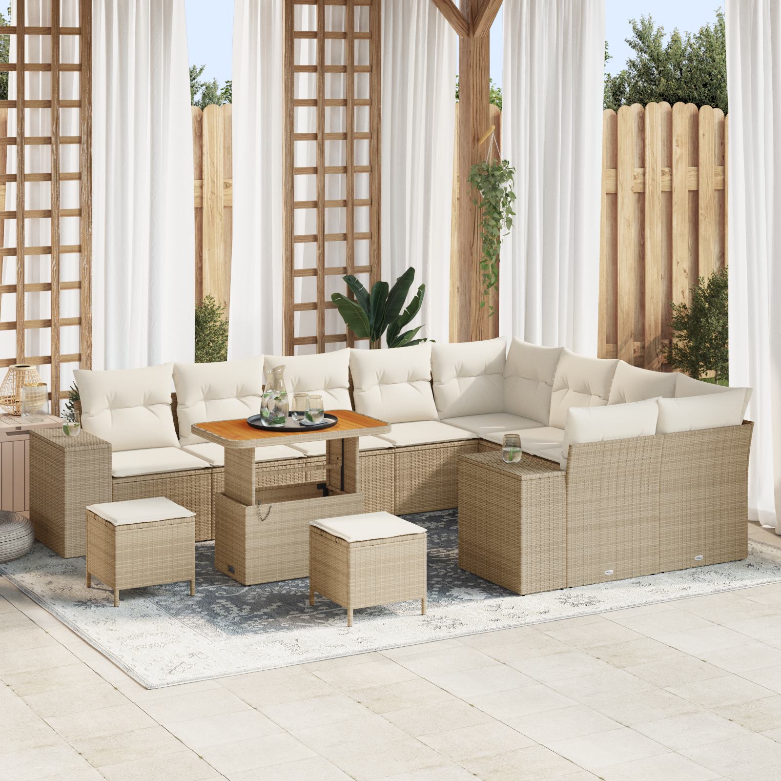 Set Divano da Giardino  da 12 Pezzi con Cuscini Beige Polirattan e Acacia
