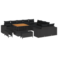 Set Divano Giardino  13 pezzi con Cuscini Nero Rattan Sintetico Acacia