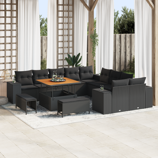 Set Divano Giardino  13 pezzi con Cuscini Nero Rattan Sintetico Acacia