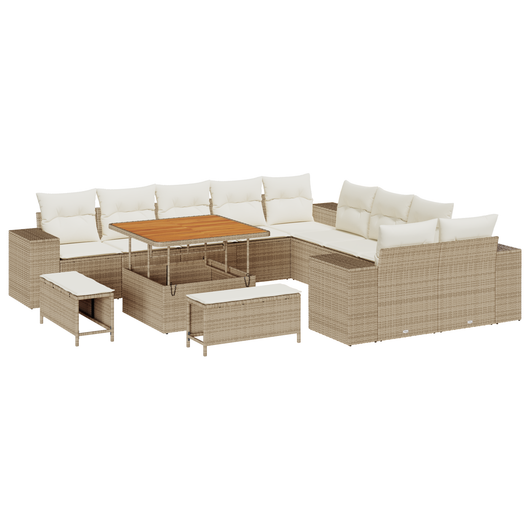 Set Divano Giardino  da 13 Pezzi con Cuscini Beige Polirattan Acacia