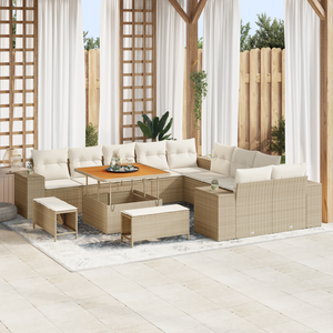 Set Divano Giardino  da 13 Pezzi con Cuscini Beige Polirattan Acacia