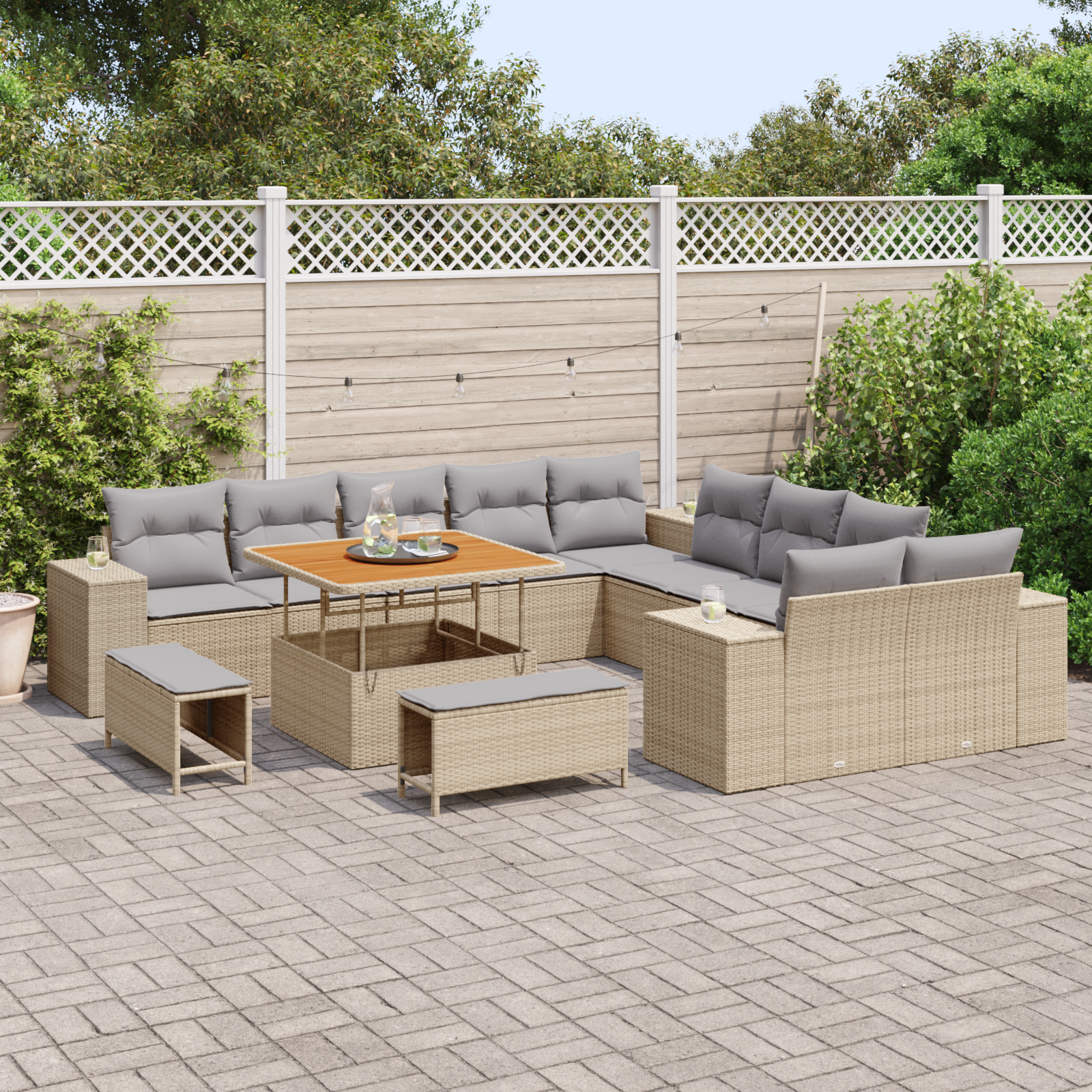 Set di Divani da Giardino  da 13 Pezzi con Cuscini Beige Polirattan Acacia