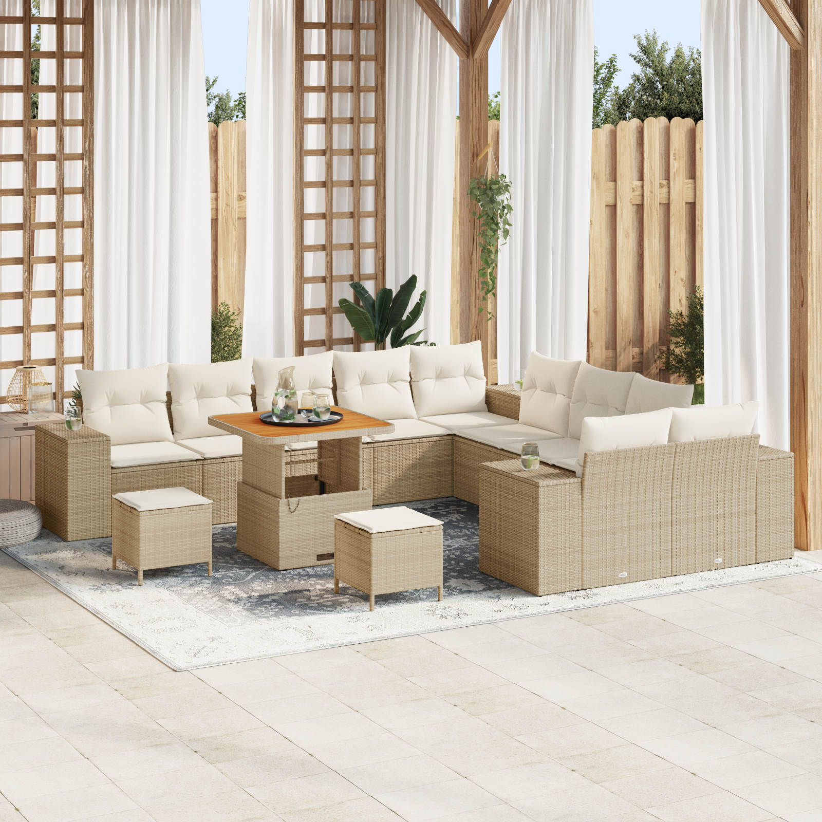 Set Divano da Giardino a 13 Pezzi con Cuscini Beige Polyrattan Acacia