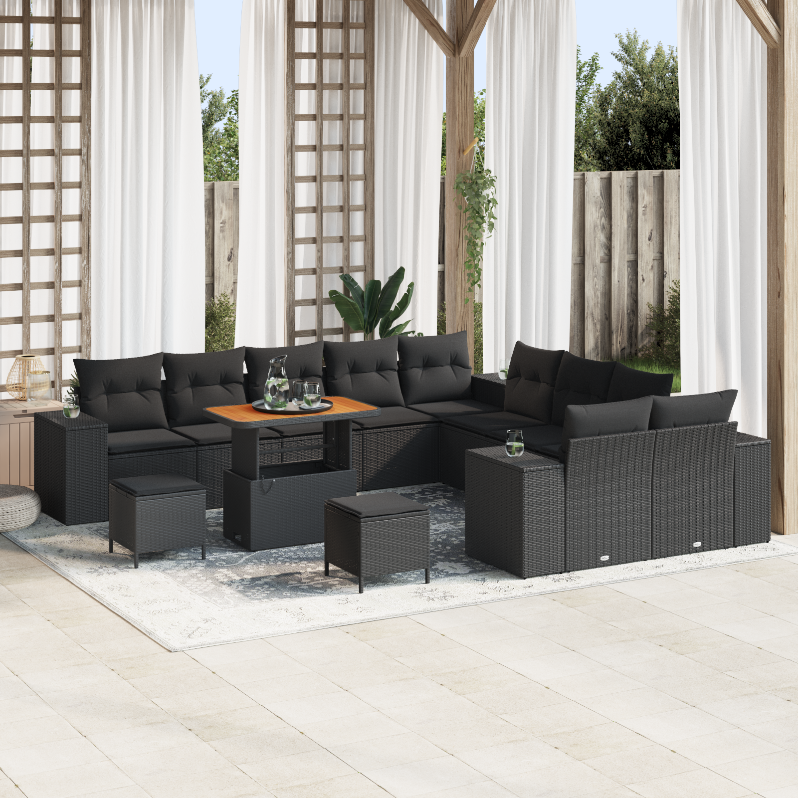 Set Divano da Giardino 13 Pezzi con Cuscini Rattan Nero Acacia