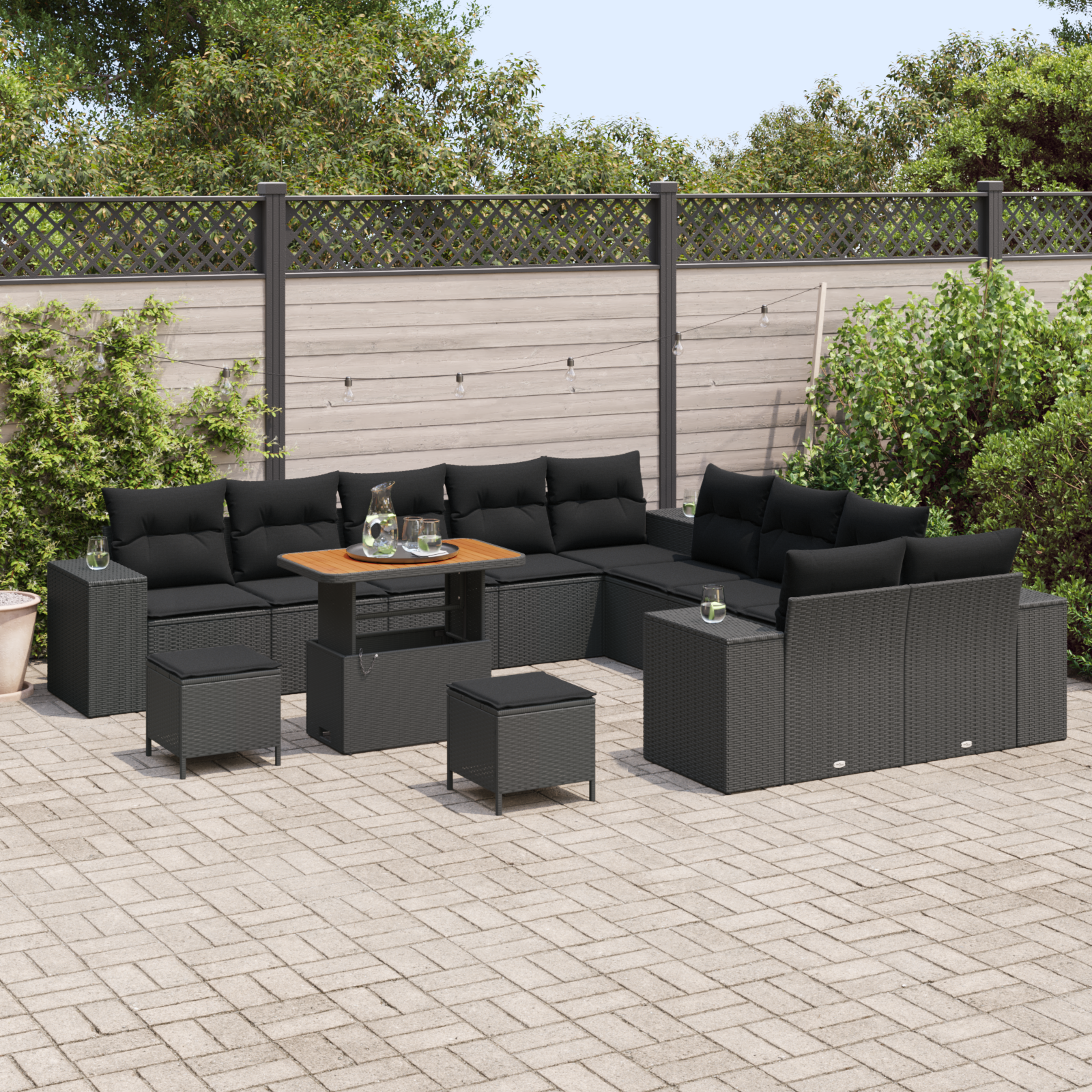 Set Divano da Giardino 13 Pezzi con Cuscini Rattan Nero Acacia