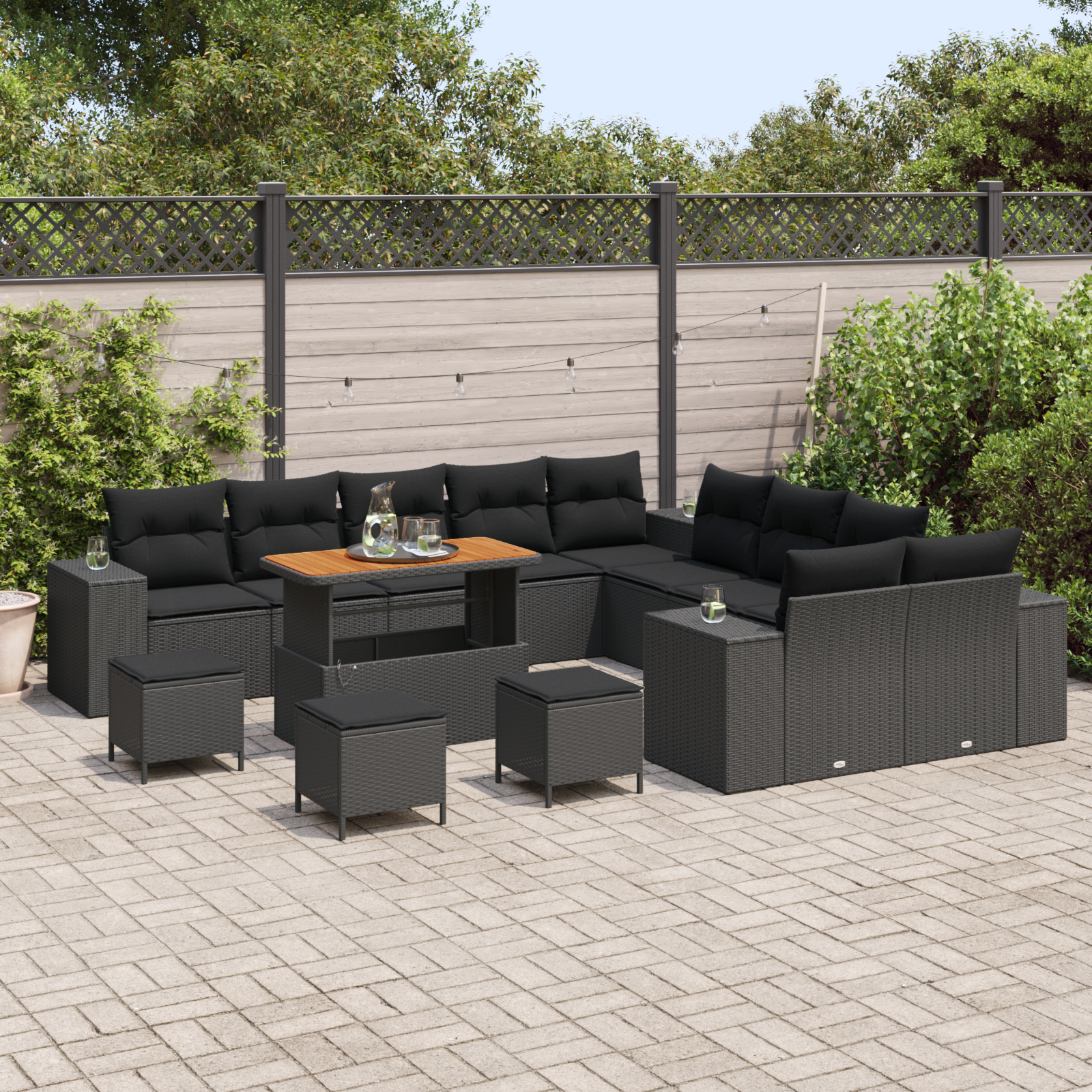 Set Divano Giardino  14 Pezzi con Cuscini Rattan Polyrattan Nero Acacia