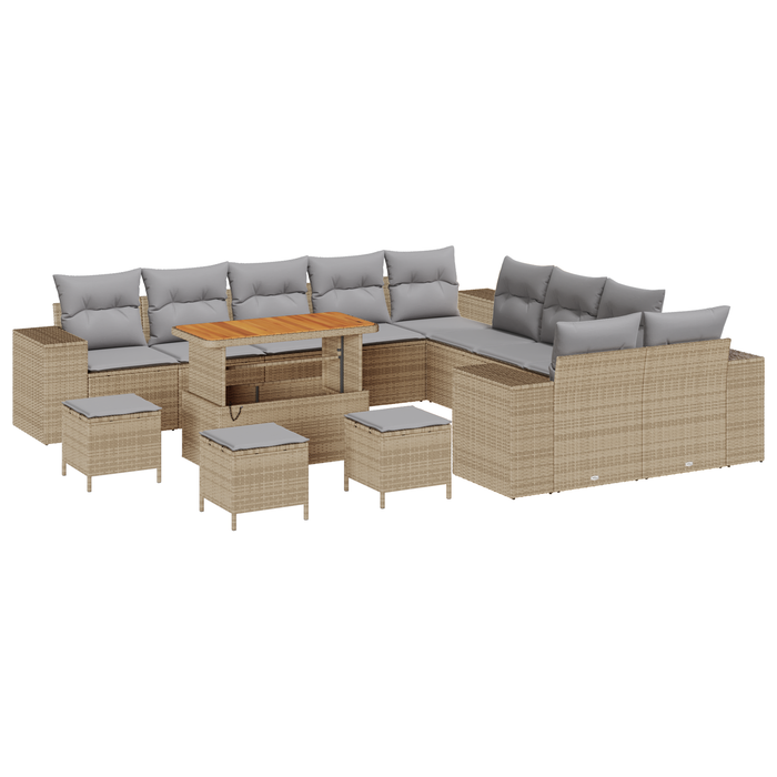 Set di Divano da Giardino  da 14 Pezzi con Cuscini Beige Polyrattan Acacia