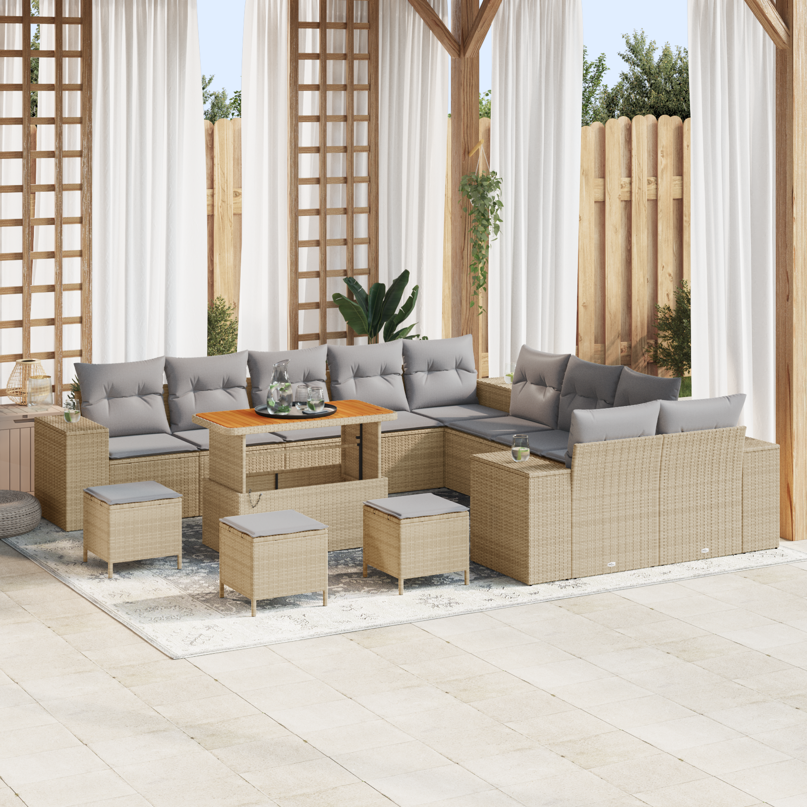 Set di Divano da Giardino  da 14 Pezzi con Cuscini Beige Polyrattan Acacia