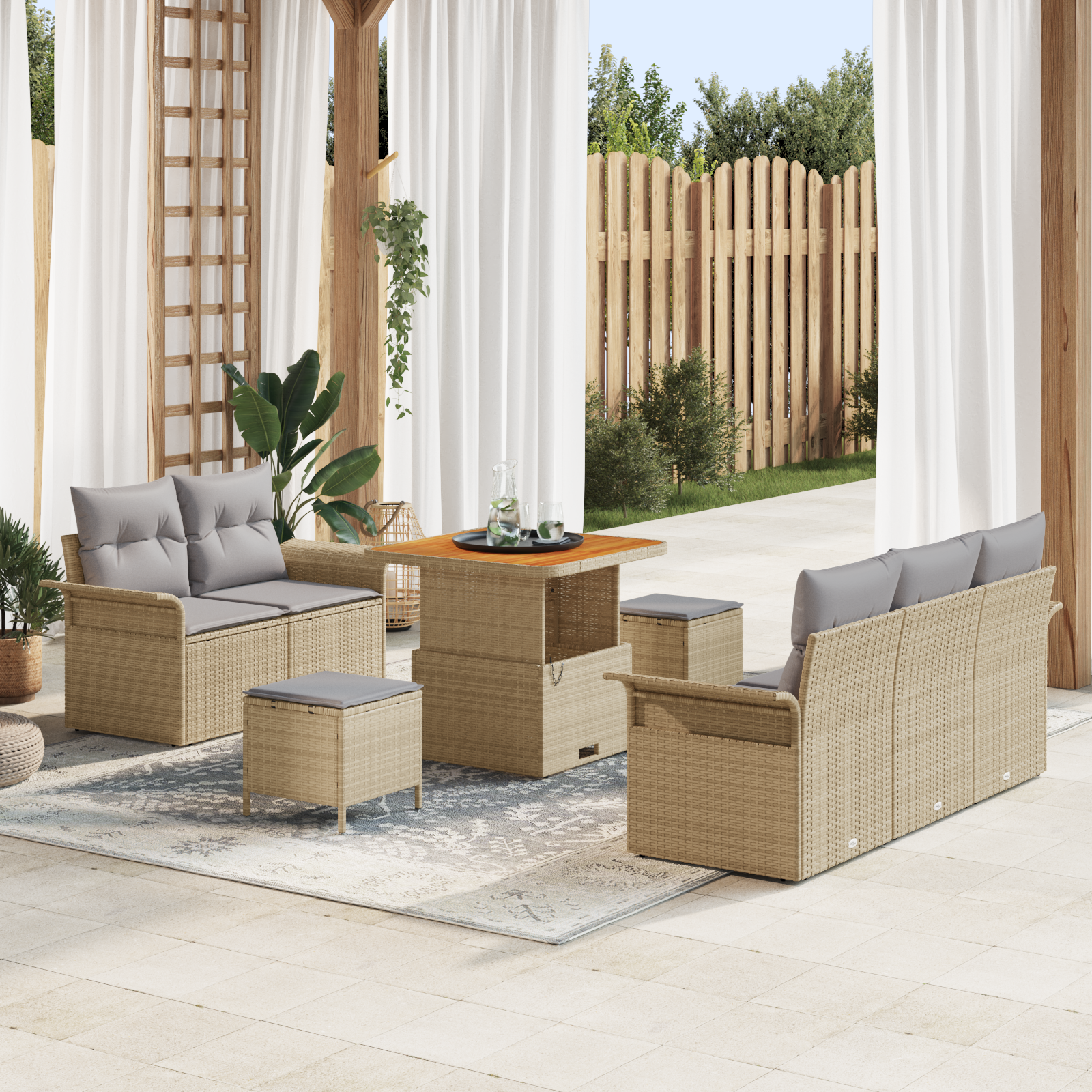 Set di divano da giardino a 8 pezzi  con cuscini beige rattan polimerico acacia