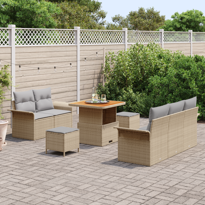 Set di divano da giardino a 8 pezzi  con cuscini beige rattan polimerico acacia