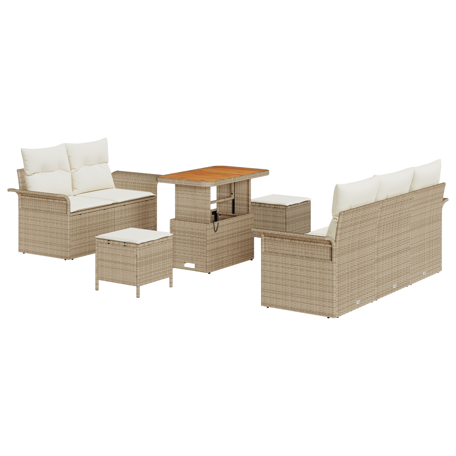 Set Divano da Giardino in 8 Pezzi con Cuscini Rattan Poliestere Beige Acacia