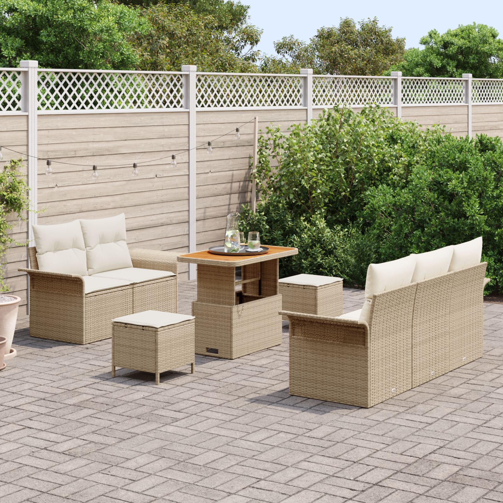 Set Divano da Giardino in 8 Pezzi con Cuscini Rattan Poliestere Beige Acacia