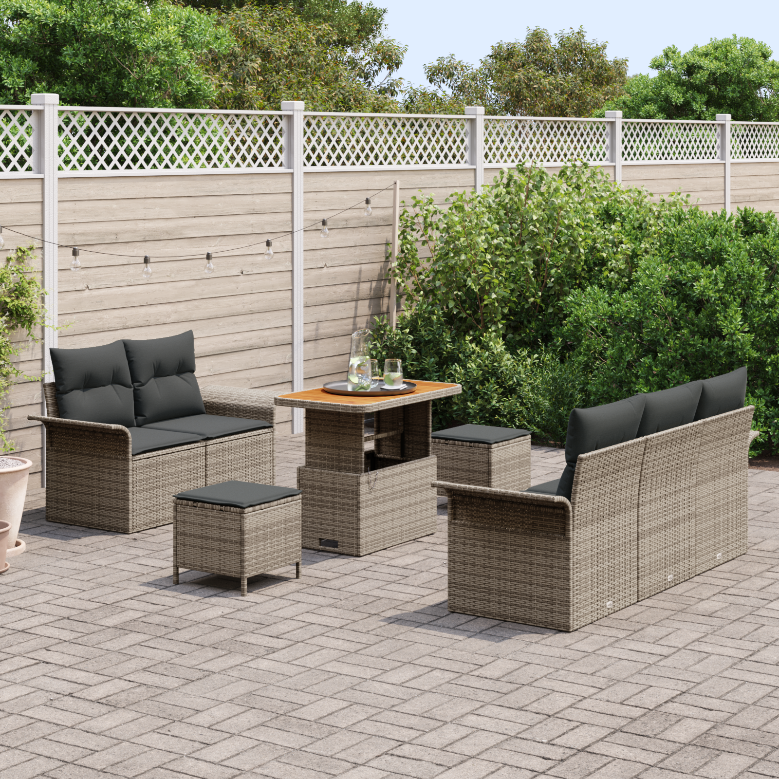 Set divano da giardino 8 pezzi con cuscini grigio in rattan polietilene e acacia