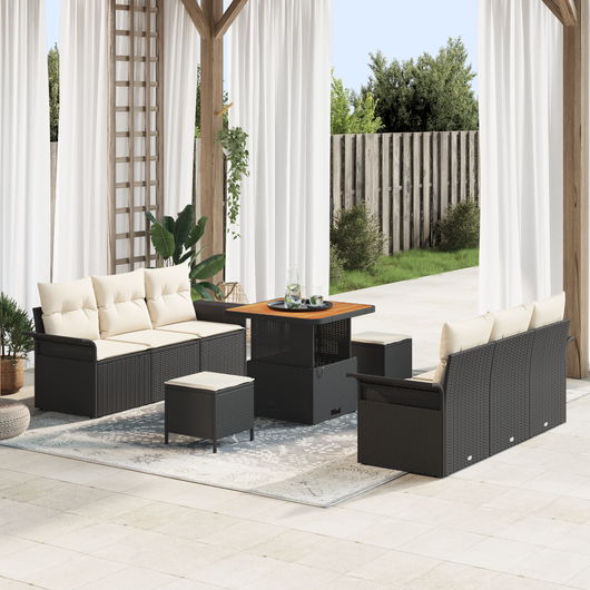 Set di divani giardino  9 pezzi con cuscini in rattan sintetico nero e acacia