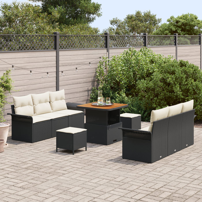 Set di divani giardino  9 pezzi con cuscini in rattan sintetico nero e acacia