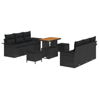 Set di Divani da Giardino  9 Pezzi con Cuscini Rattan Poli Nero Acacia