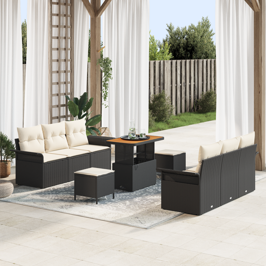 Set Divano da Giardino  9 Pezzi con Cuscini Rattan Nero Acacia