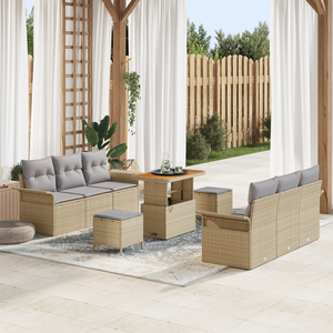 Set divani giardino 9 pezzi con cuscini beige in polyrattan, acacia