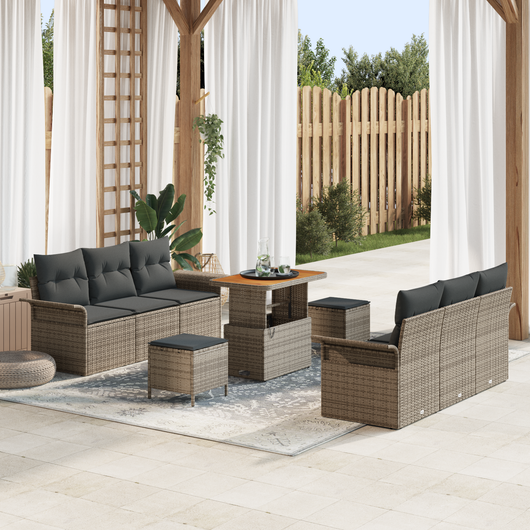 Set di Divani da Giardino  9 Pezzi con Cuscini Grigio Polyrattan Acacia