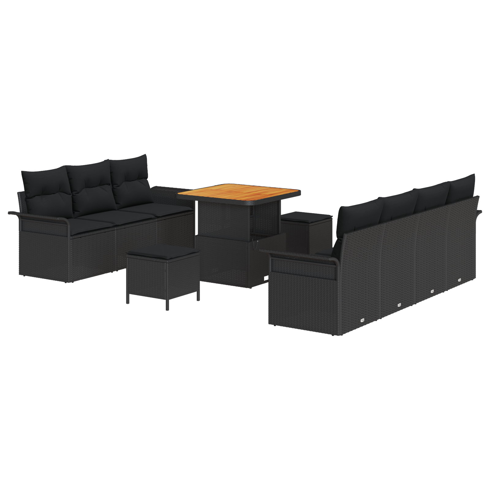 Set Divano da Giardino 10 Pezzi con Cuscini Nero Polyrattan Acacia