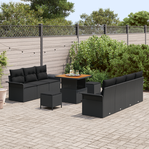 Set Divano da Giardino 10 Pezzi con Cuscini Nero Polyrattan Acacia