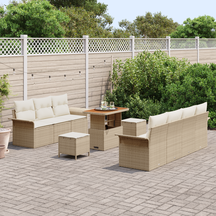 Set Divano da Giardino  10 Pezzi con Cuscini Beige Polyrattan Acacia