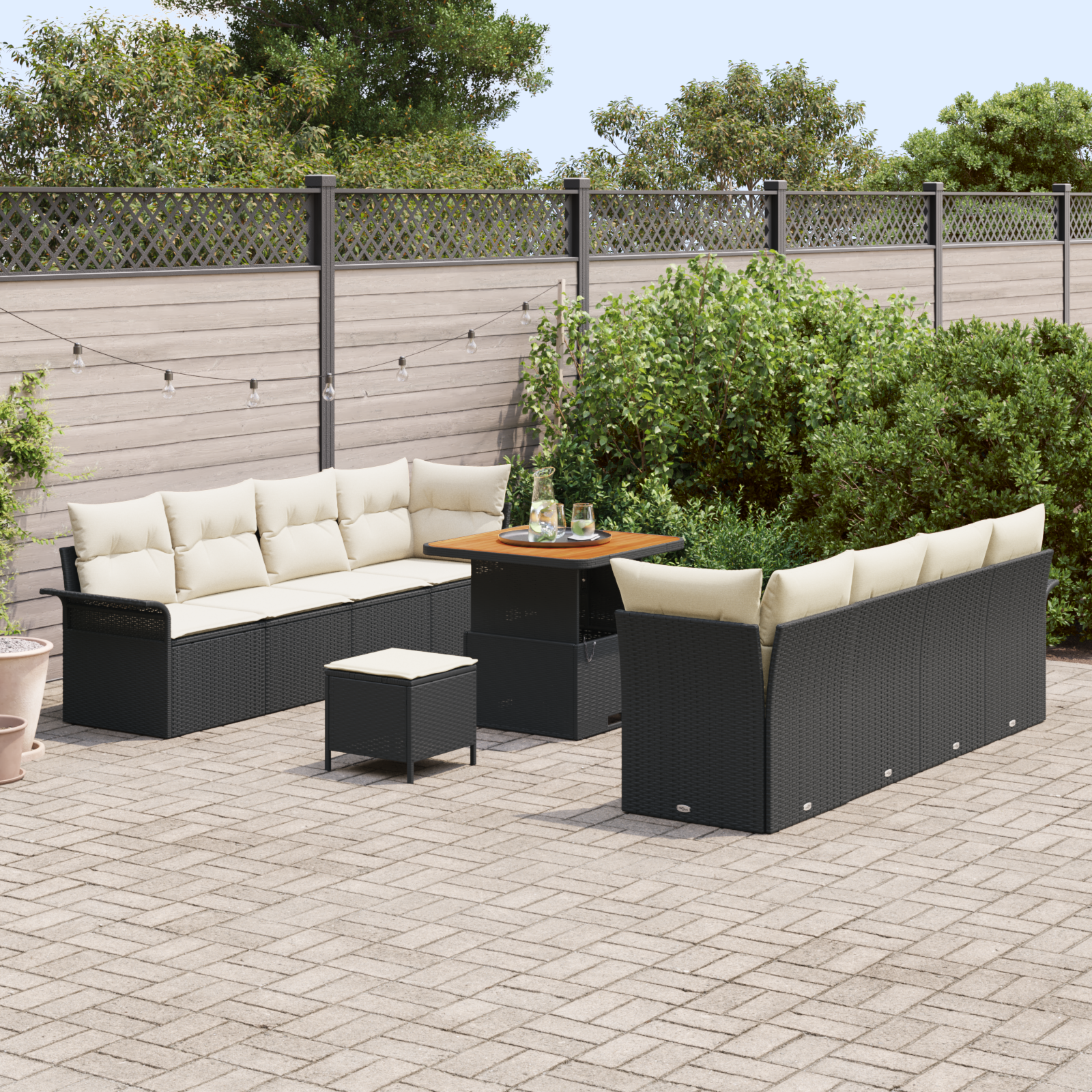 Set di Divani da Giardino da 11 Pezzi con Cuscini Polyrattan Nero Acacia