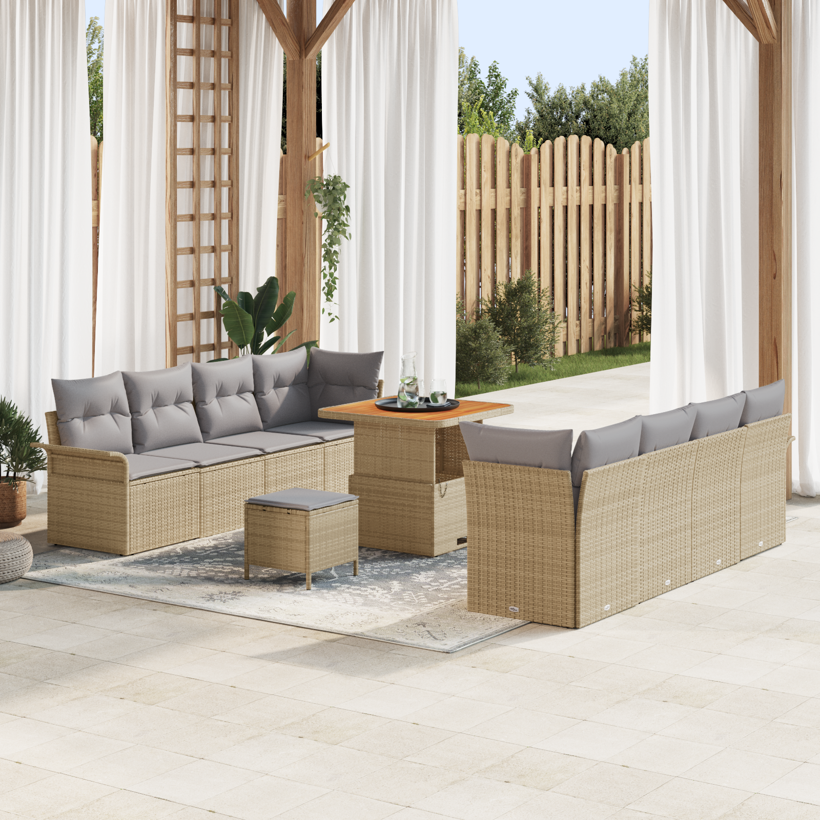 Set di Divani da Giardino con Cuscini Beige Poly Rattan Acacia da 11 Pezzi