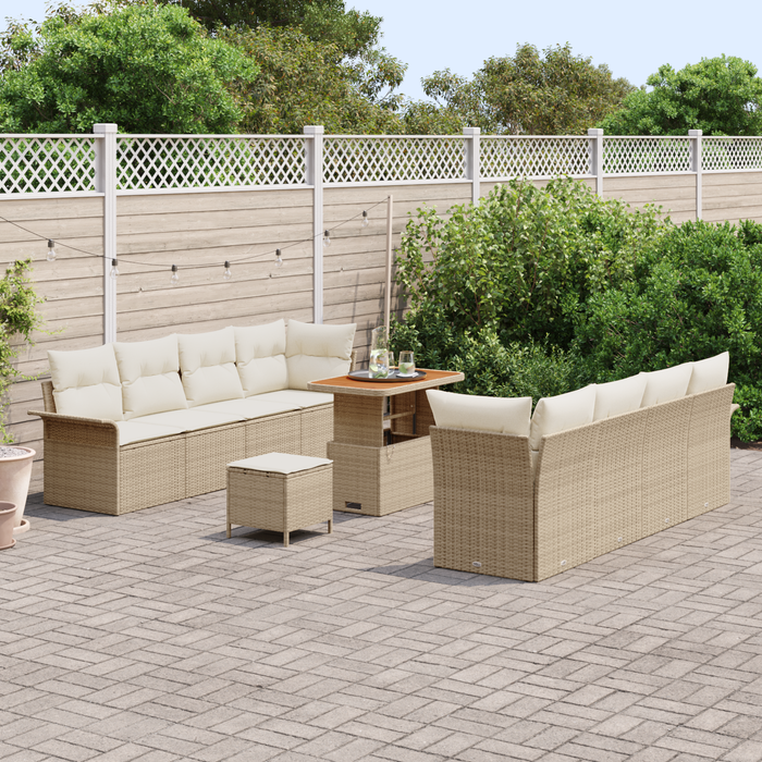 Set di Divano da Giardino a 11 Pezzi con Cuscini Beige Polyrattan Acacia