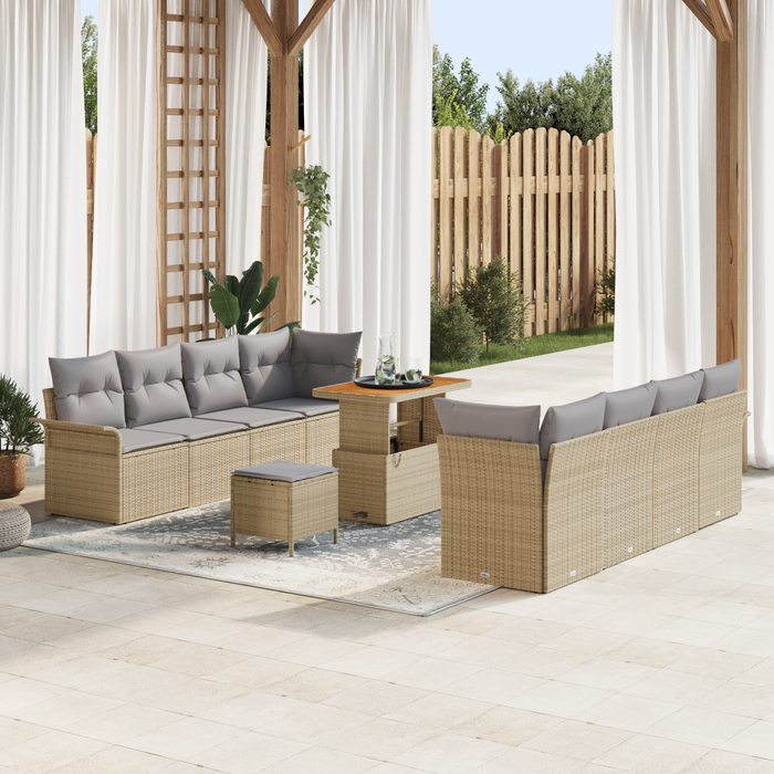 Set Divano da Giardino  11 Pezzi con Cuscini Beige Polyrattan Acacia